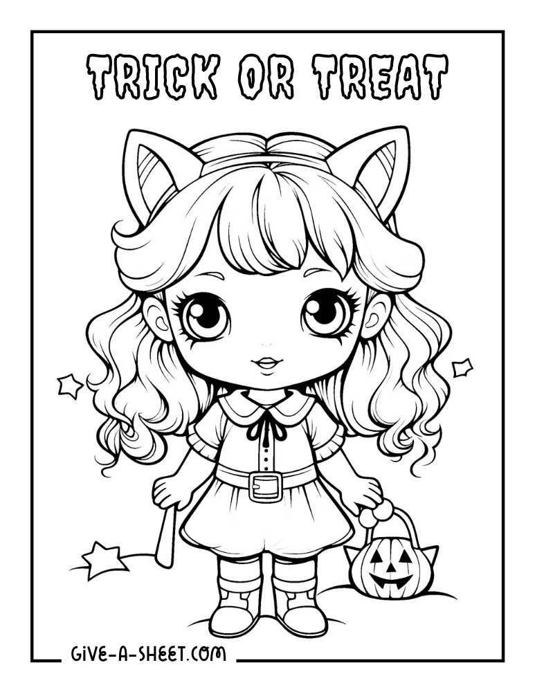Cat princess halloween coloring page trick or treating.