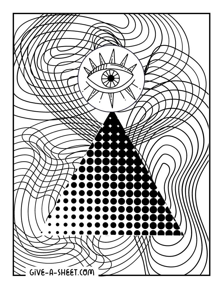 Trippy triangle and eye coloring page.