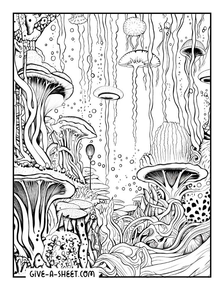 Whimsical Underwater jellyfish coloring page.