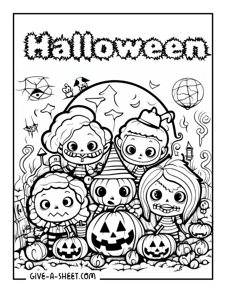 Cute zombie kids halloween coloring page.