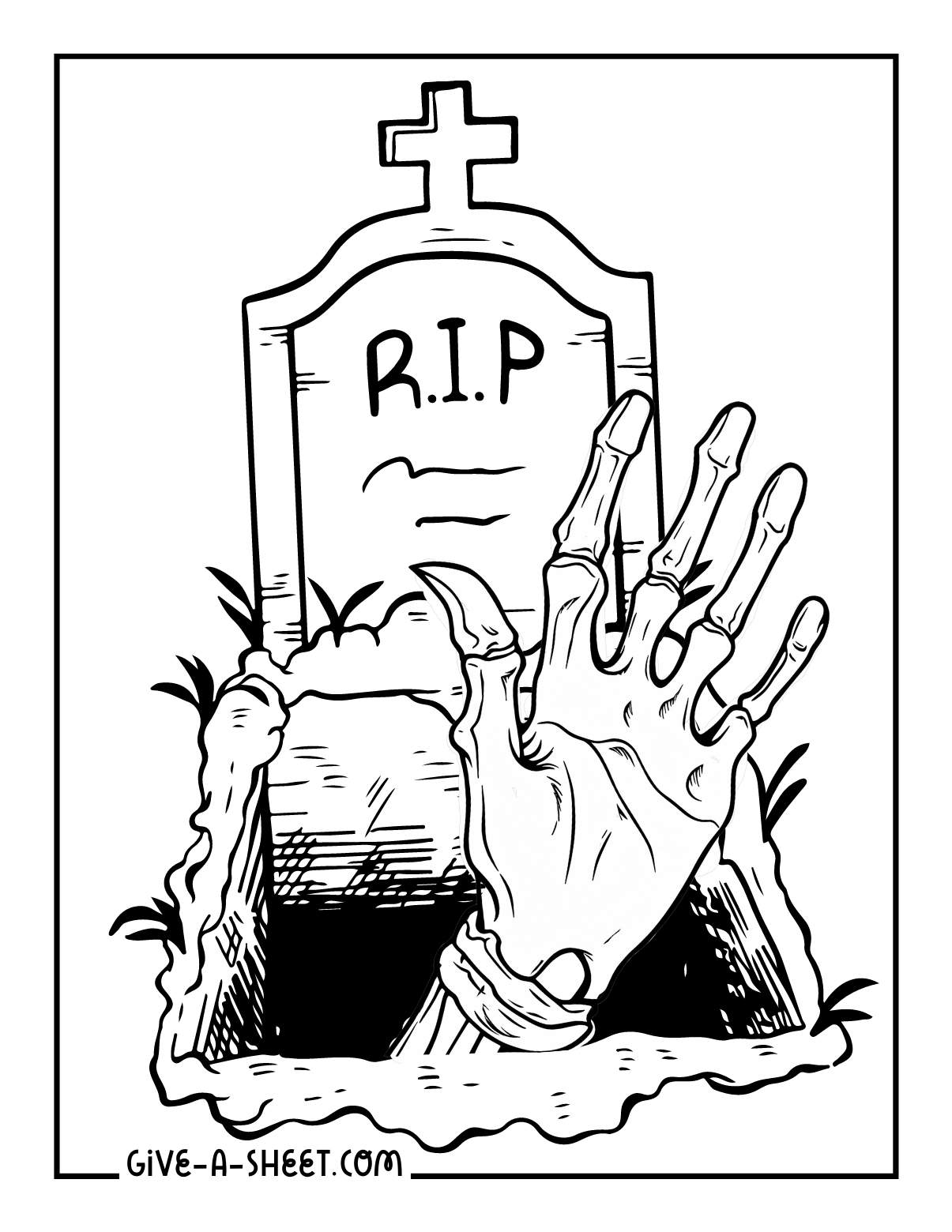 Corpse hand coming out from grave coloring page.
