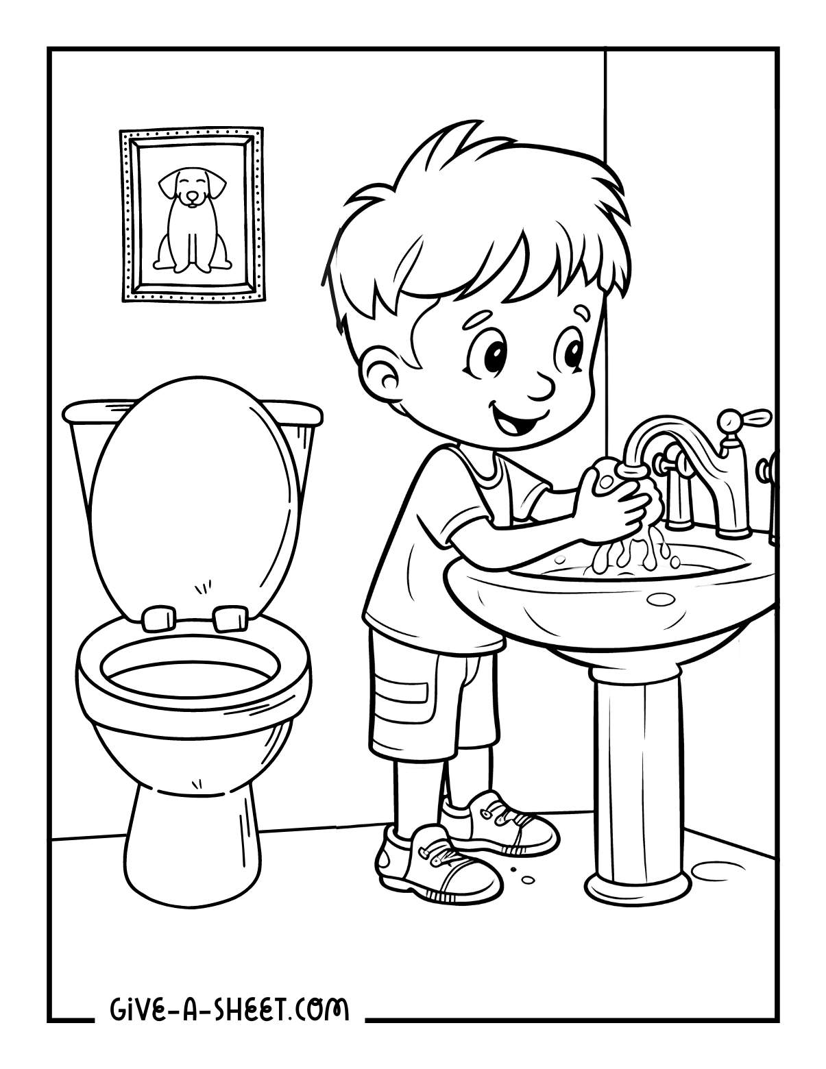 Educational activity hand washing toilet coloring sheet.