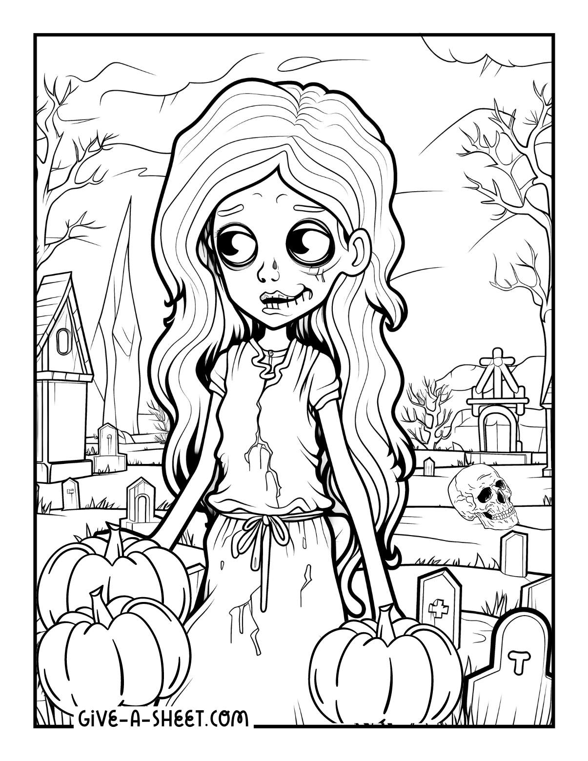 Halloween zombie bride beside corpses grave coloring page.