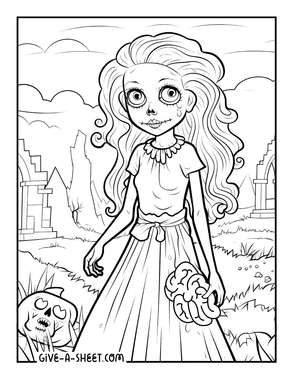 Bride zombie on graves coloring sheet.