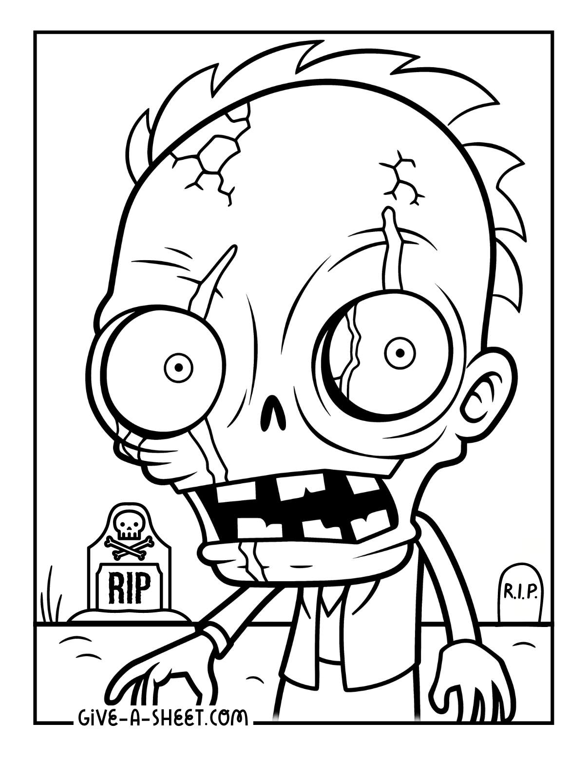Creepy eye sockets zombie coloring page for adults.