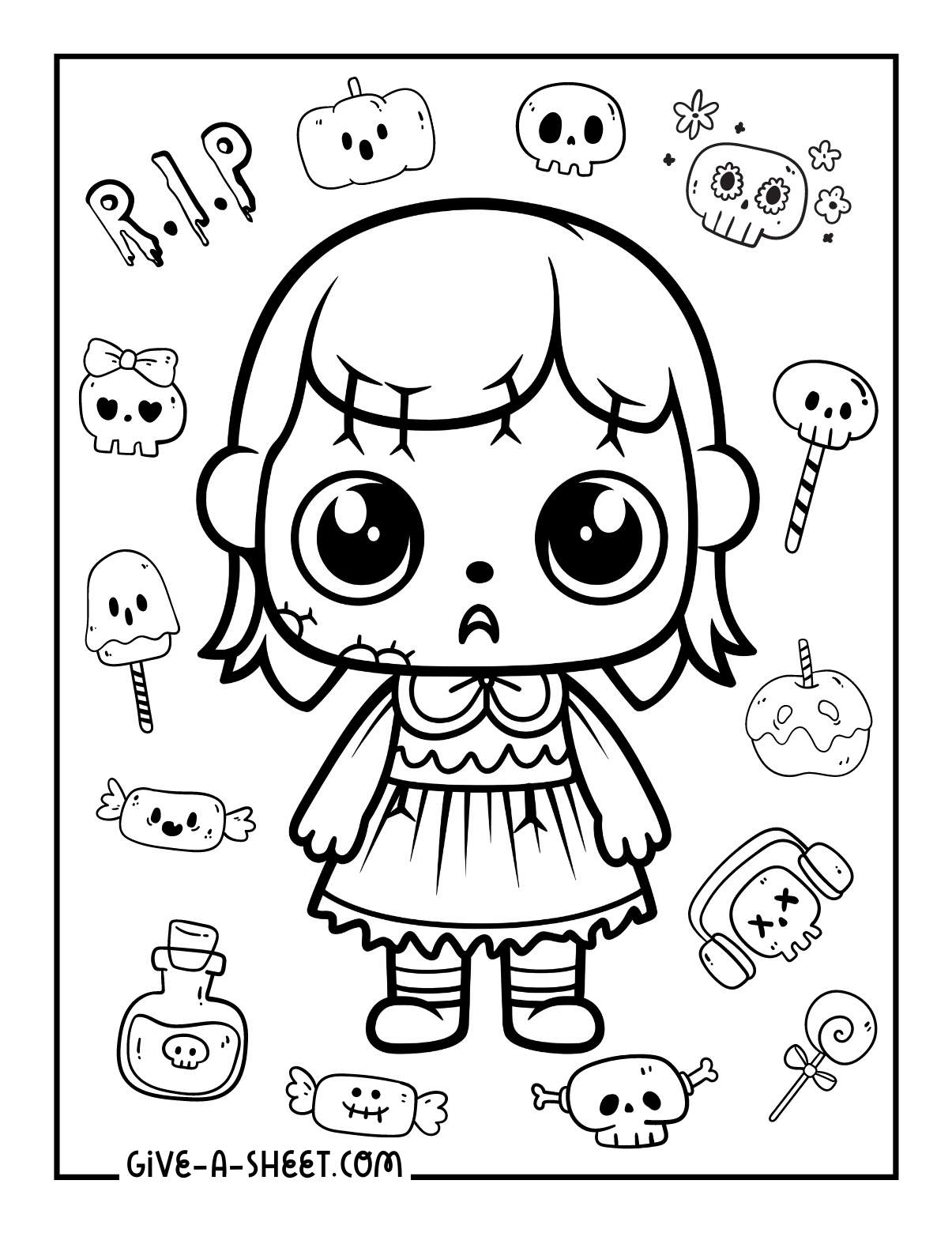 Cute zombie girl illustrations coloring page for kids.