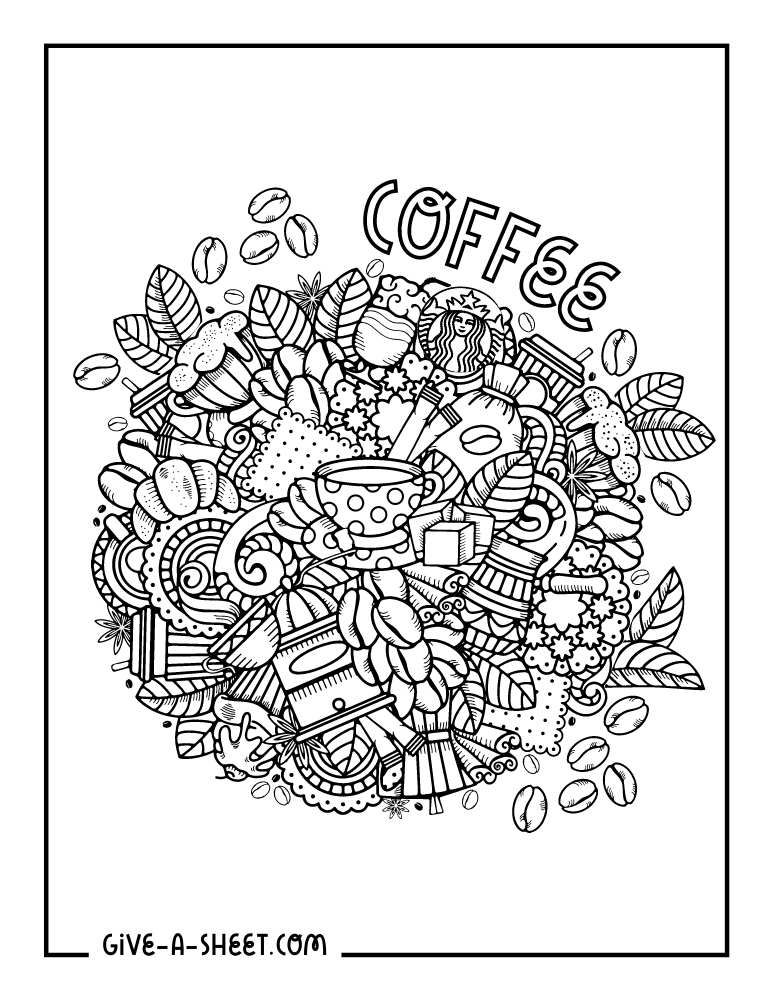 Detailed coffee beans doodle coloring sheet.