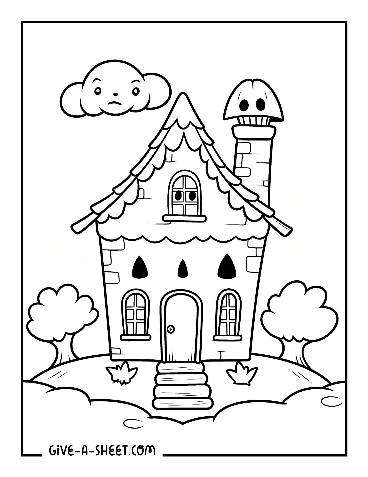 Simple haunted house coloring sheet for kids.