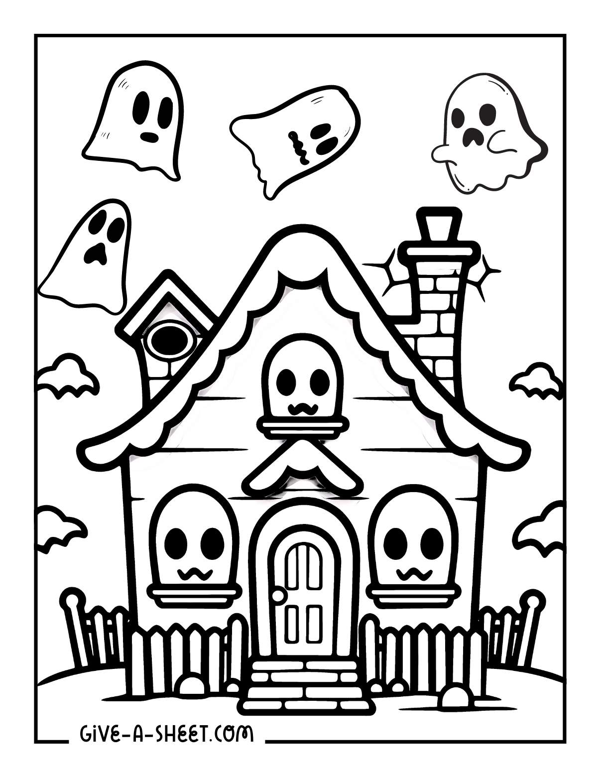 Haunted houses with ghost coloring pages for kids.