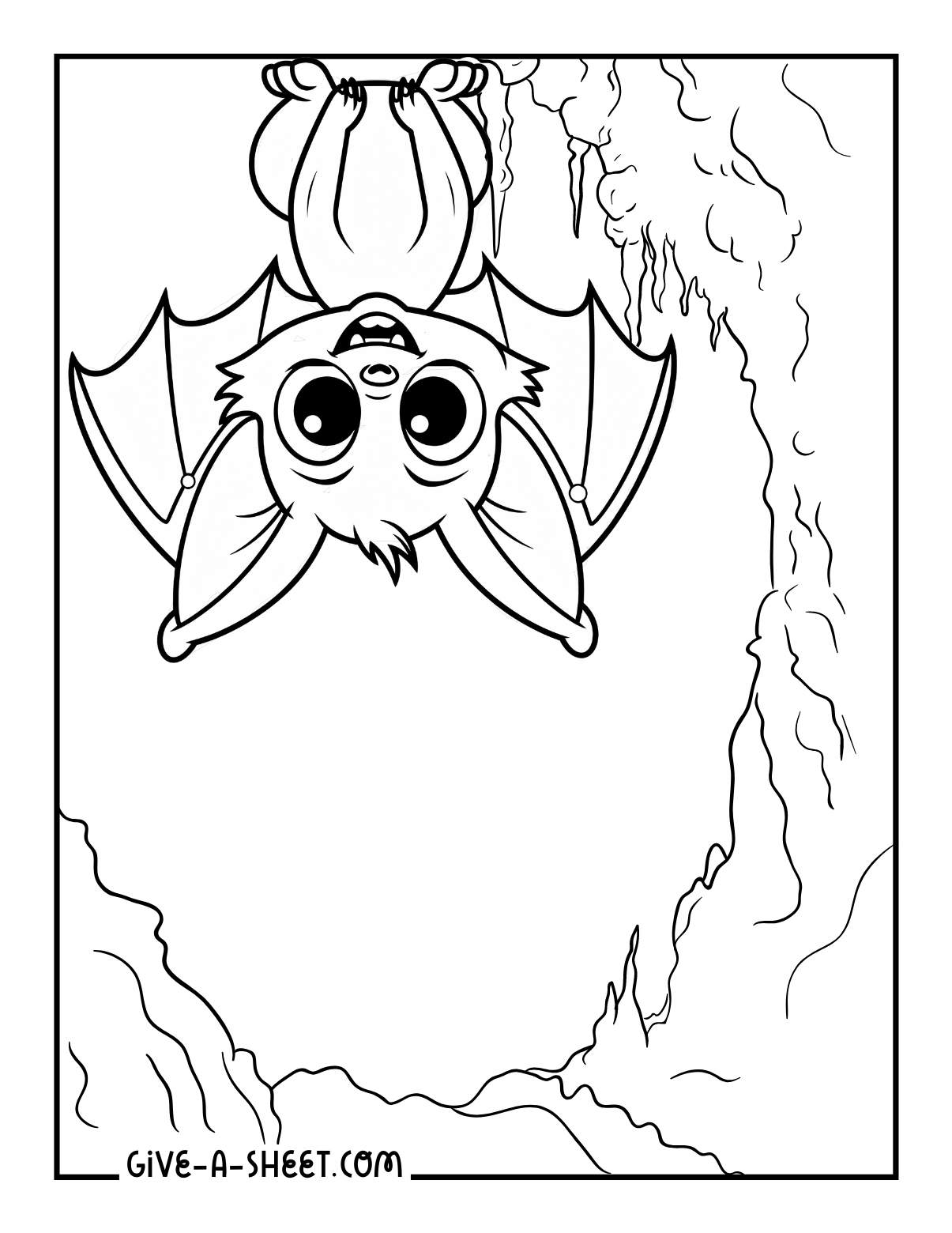 Friendly bats inside a cave coloring page.