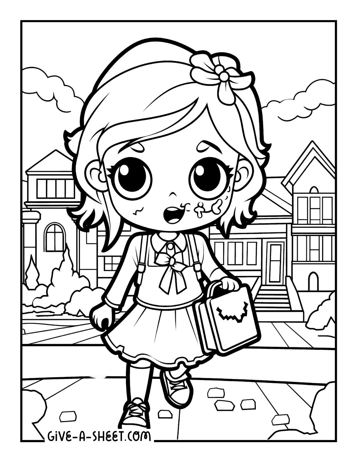 Zombie preschoolers at school coloring page for kids.