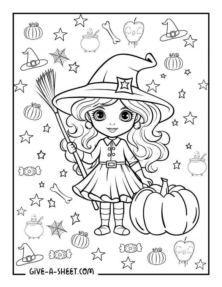 Cute witch coloring page.