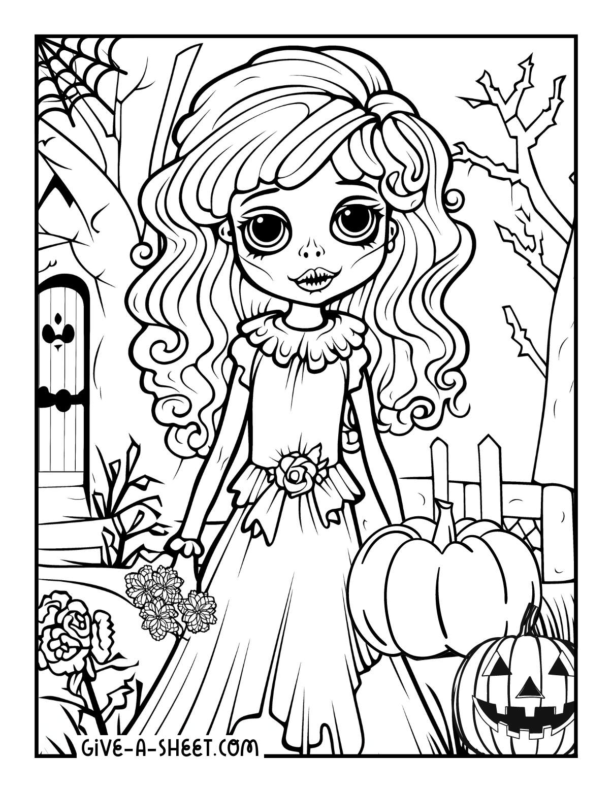 Halloween zombie bride coloring sheet.