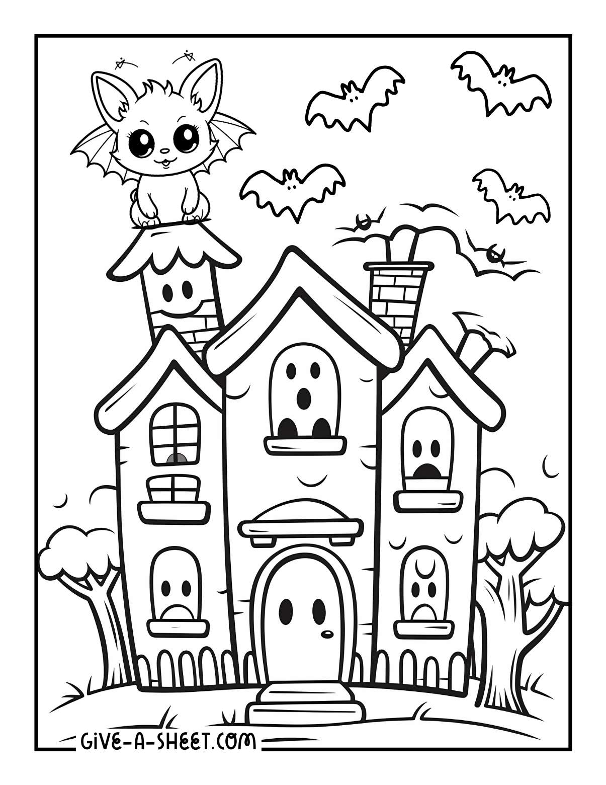 Free halloween printables haunted house friendly bats coloring page.
