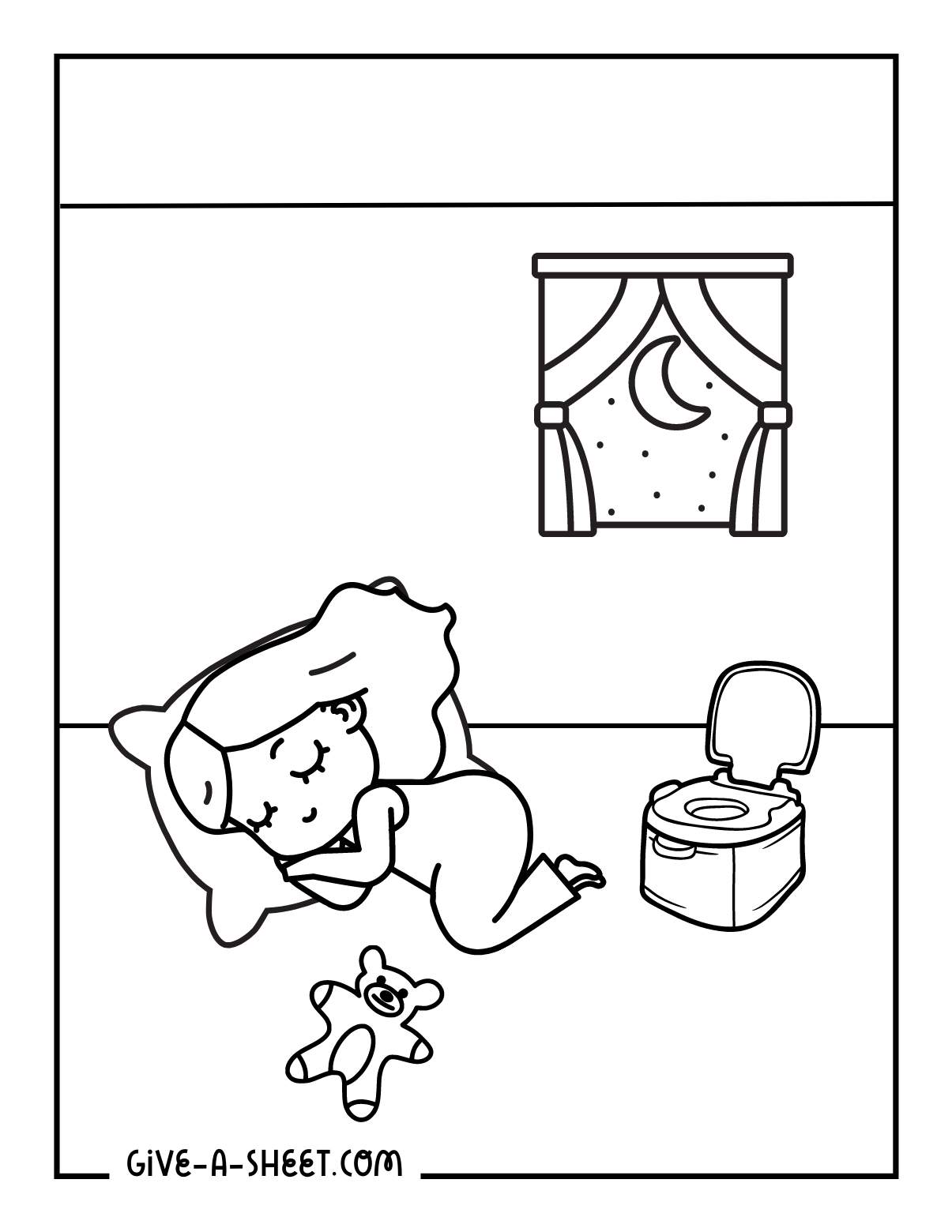 Little girl nighttime potty training coloring page.