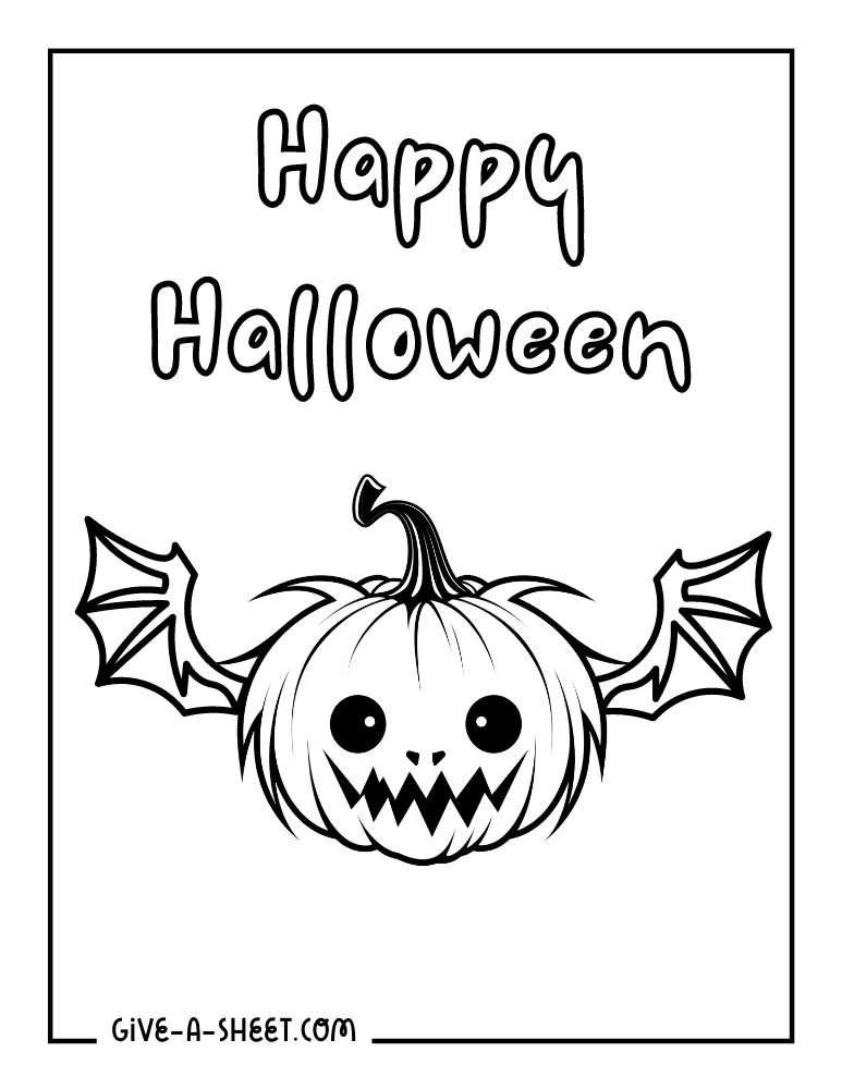 Halloween pumpkin with bat wings coloring page.