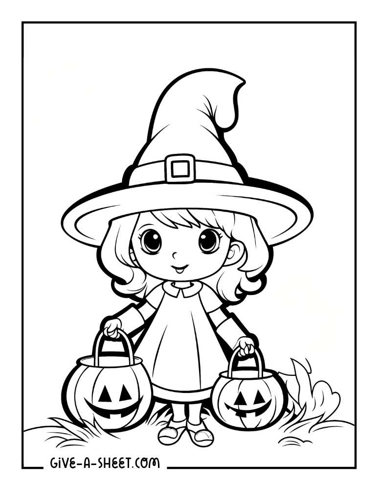 Simple trick or treating witch coloring sheet for kids.