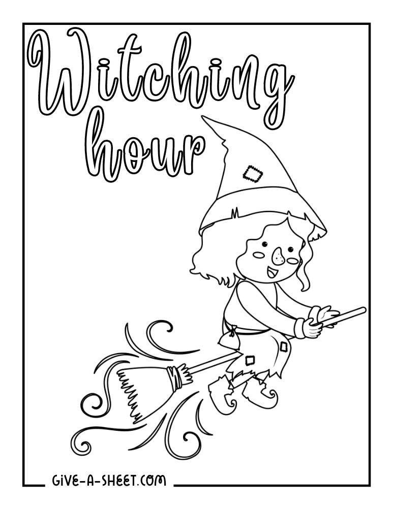 Witch with broomstick to color for kids.