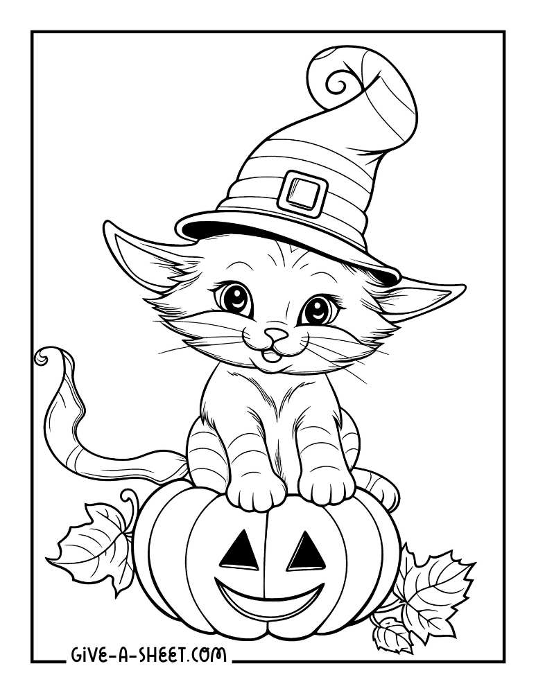 Cat witch halloween coloring page for kids.