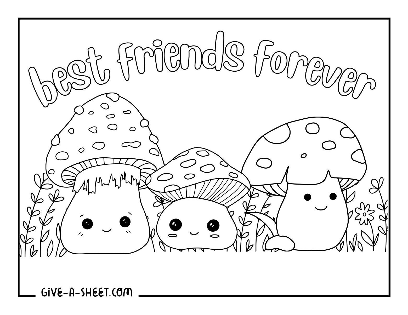 Kawaii three best friends mushroom coloring page.