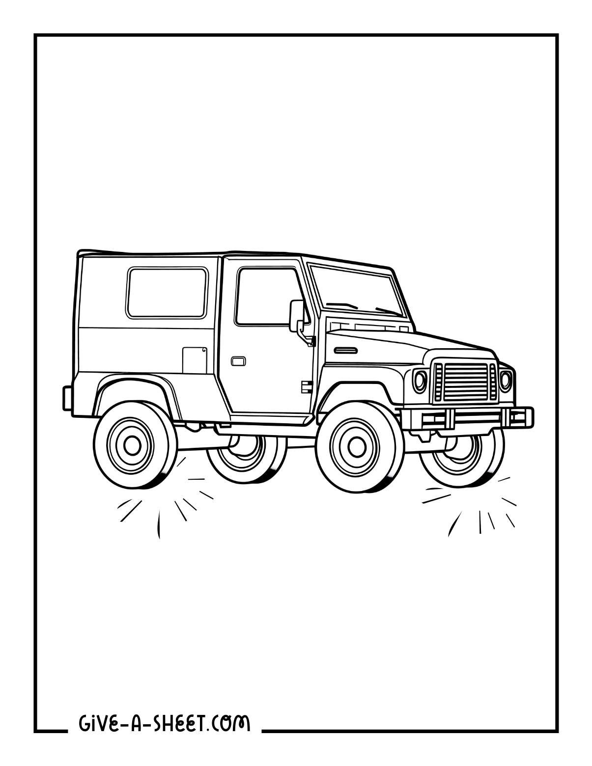Army truck illustration coloring page for kids.