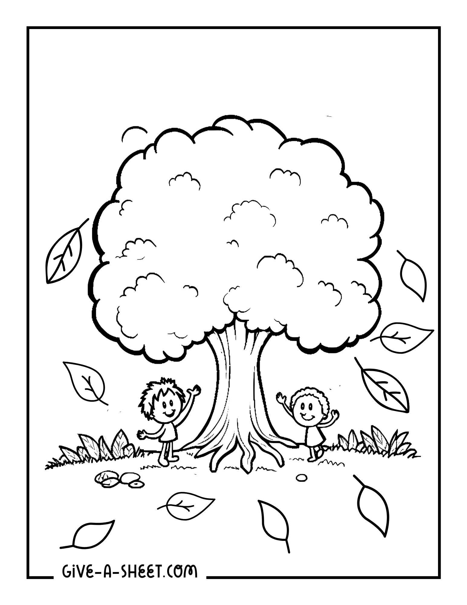 Autumn leaves tree coloring page for kids.