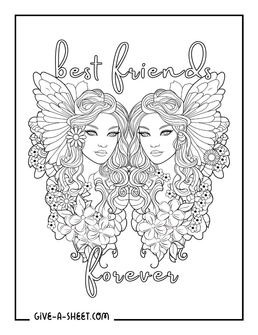 Detailed bff coloring page of twin fairies.