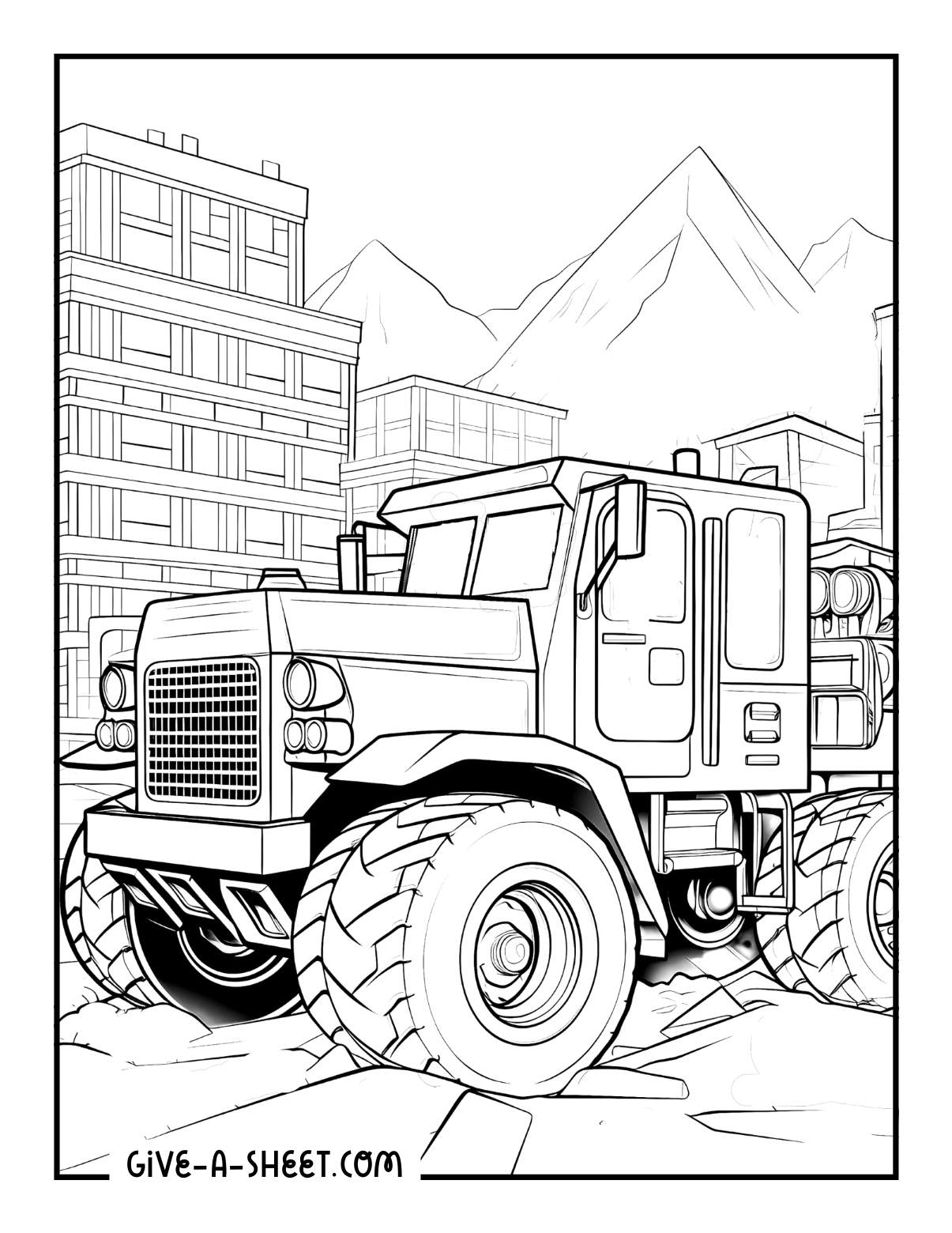 Construction truck coloring page for adults.
