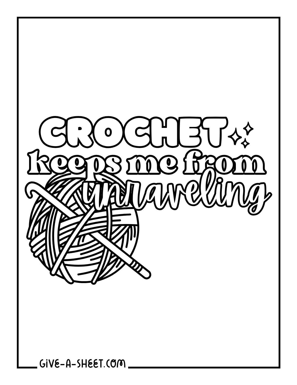 Crochet hooks and yarn skein coloring page.