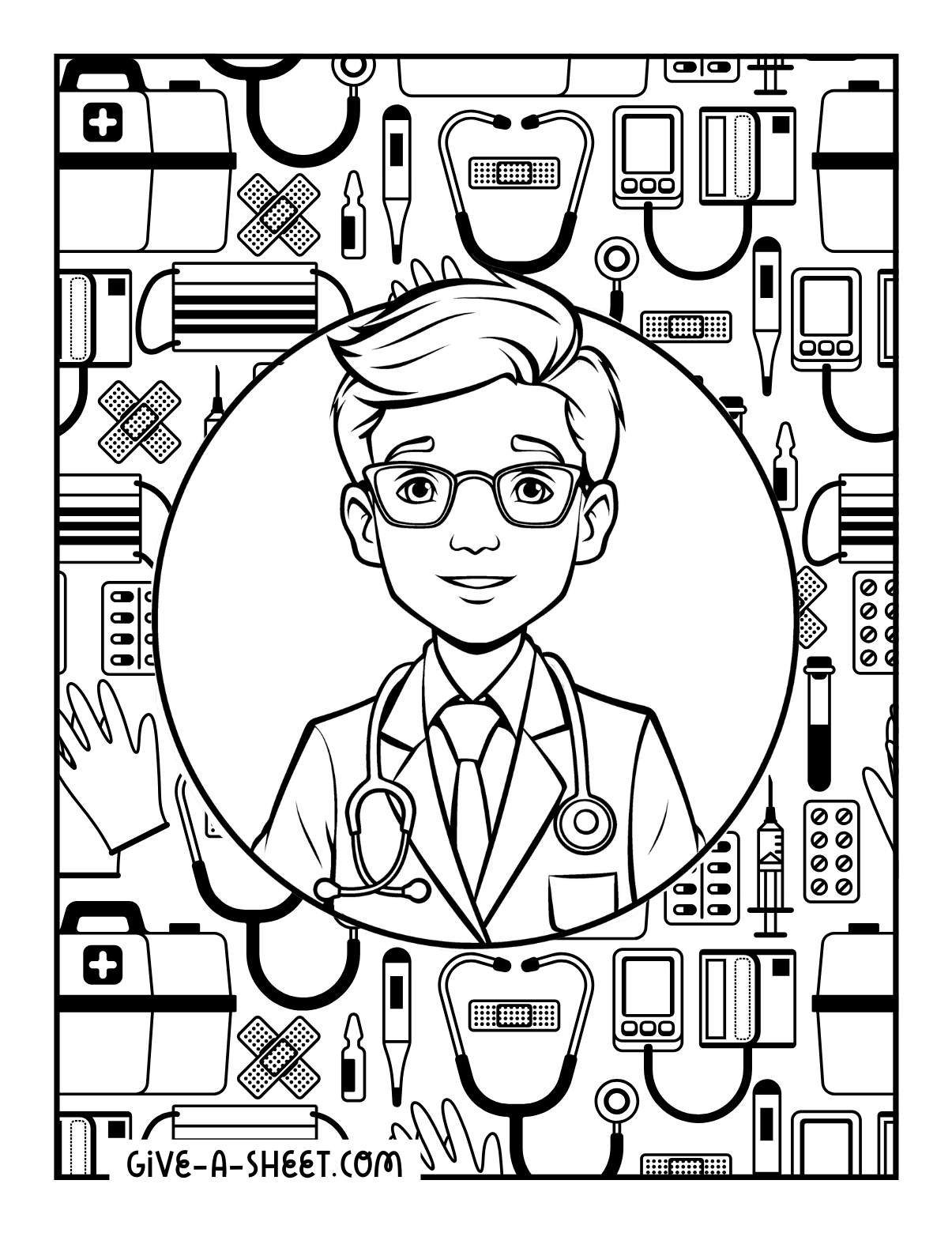 Detailed nurse coloring page for a medical profession.