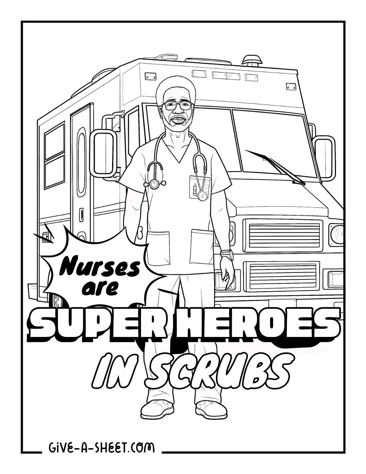 Diverse nurse coloring page wearing super hero scrubs.