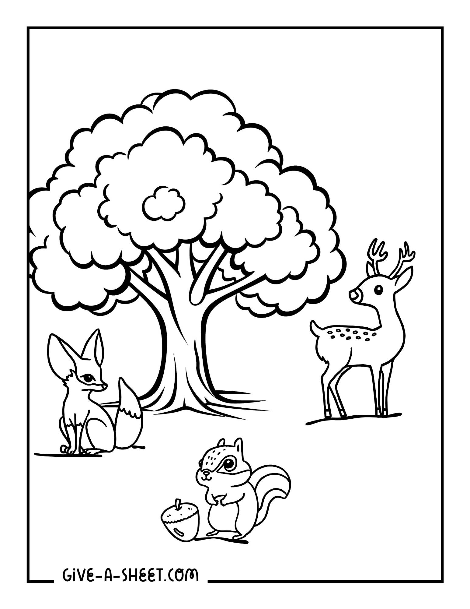 Printable tree illustrations with animals coloring page for kids.