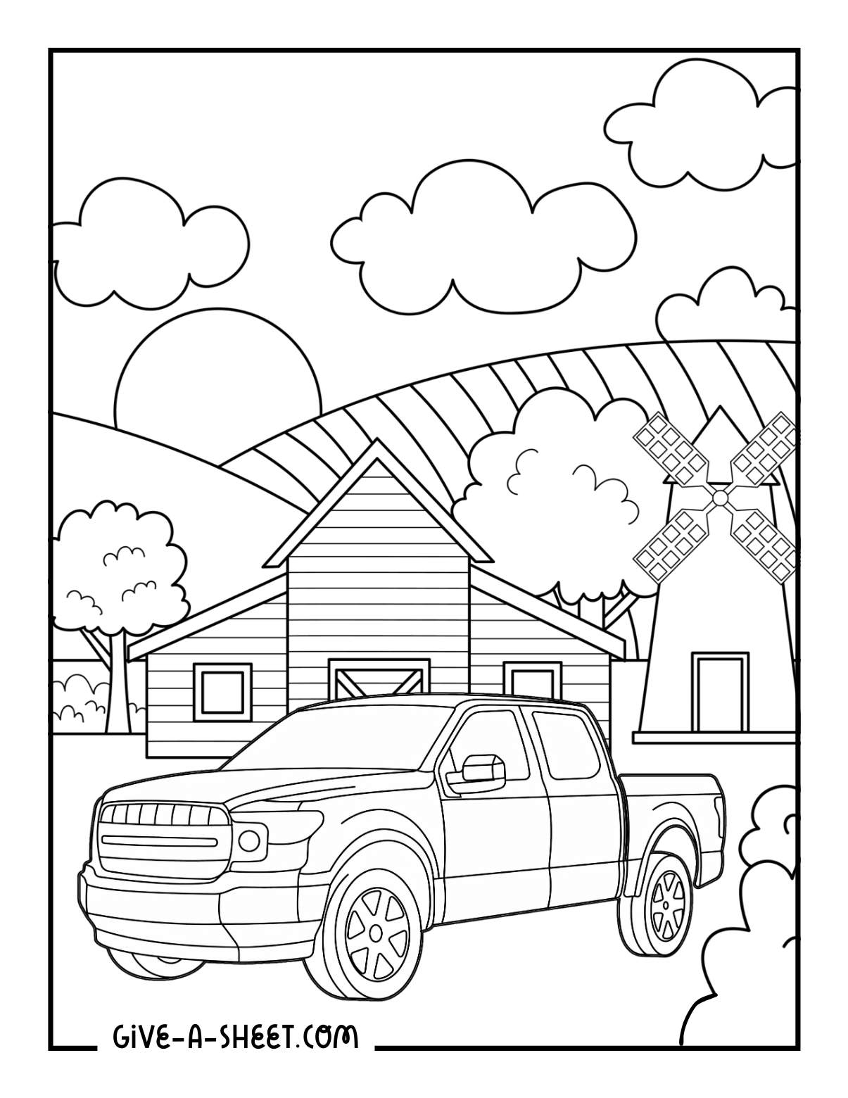 Farm truck coloring page for kids.