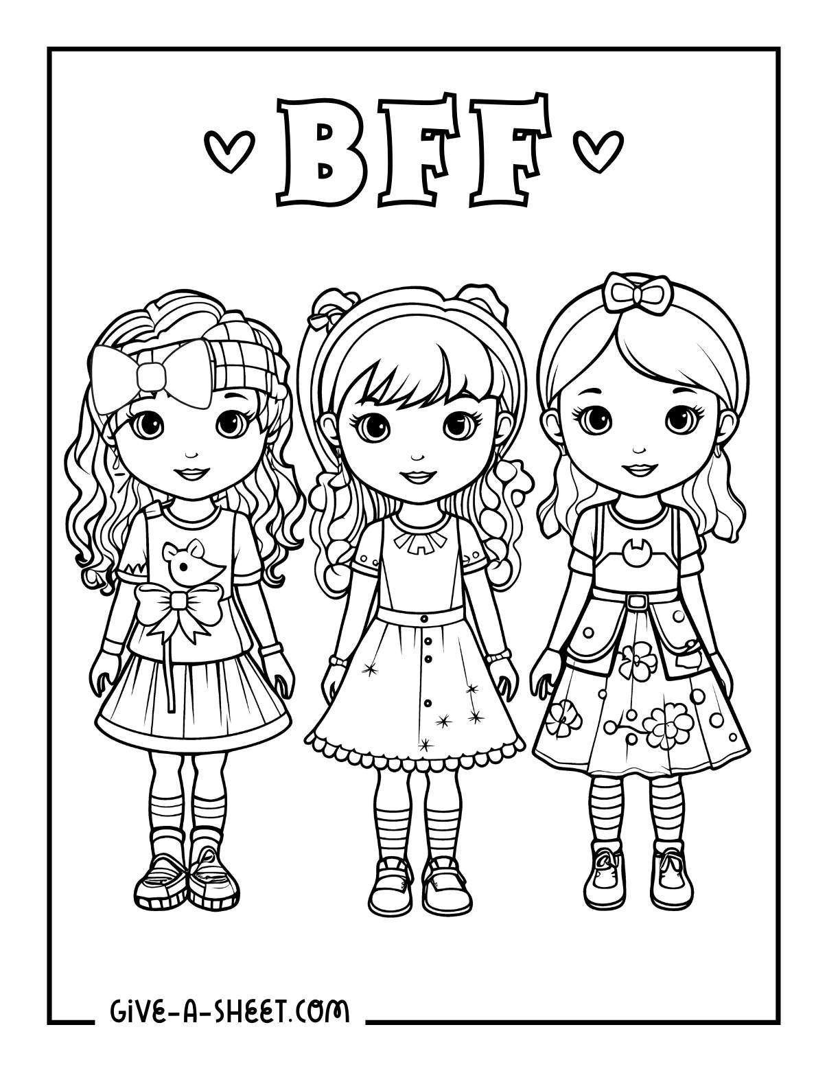 Fashion girls three bff coloring page.