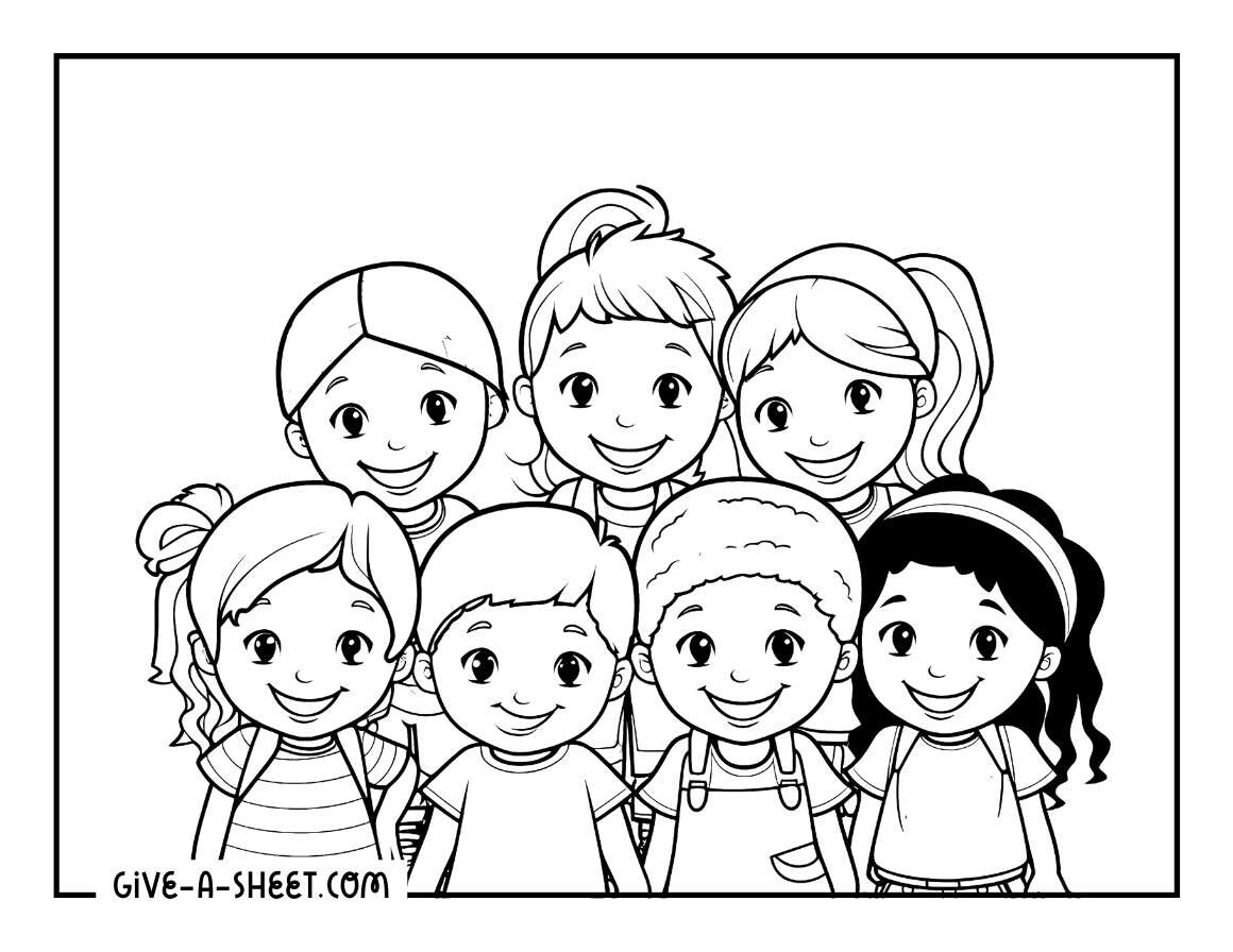 Diverse rainbow friends coloring page inside a classroom.