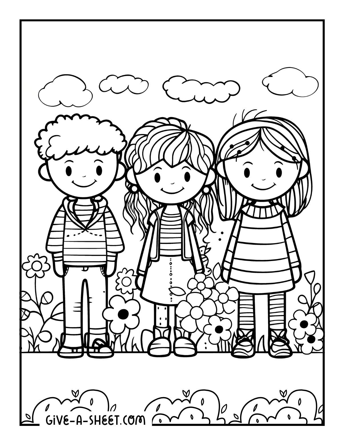 3 bff coloring page in the garden for grade schoolers.