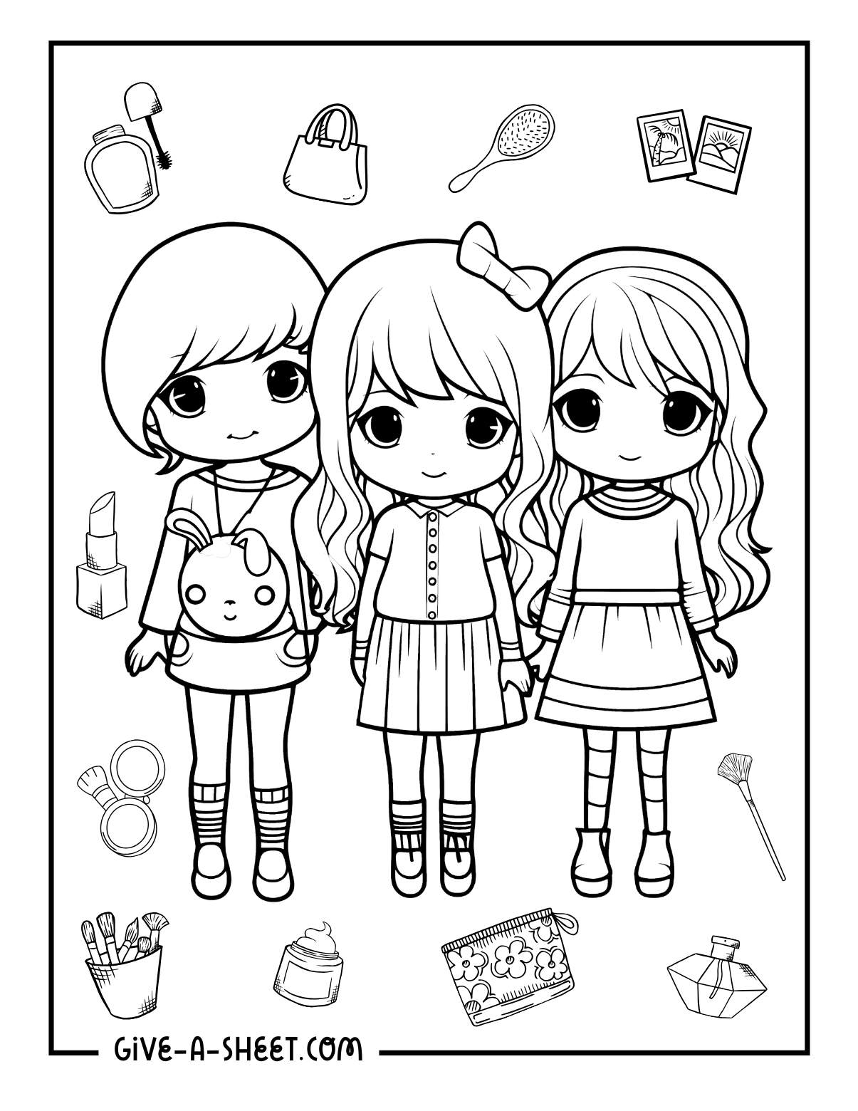Girl 3 best friends coloring page wearing makeup.