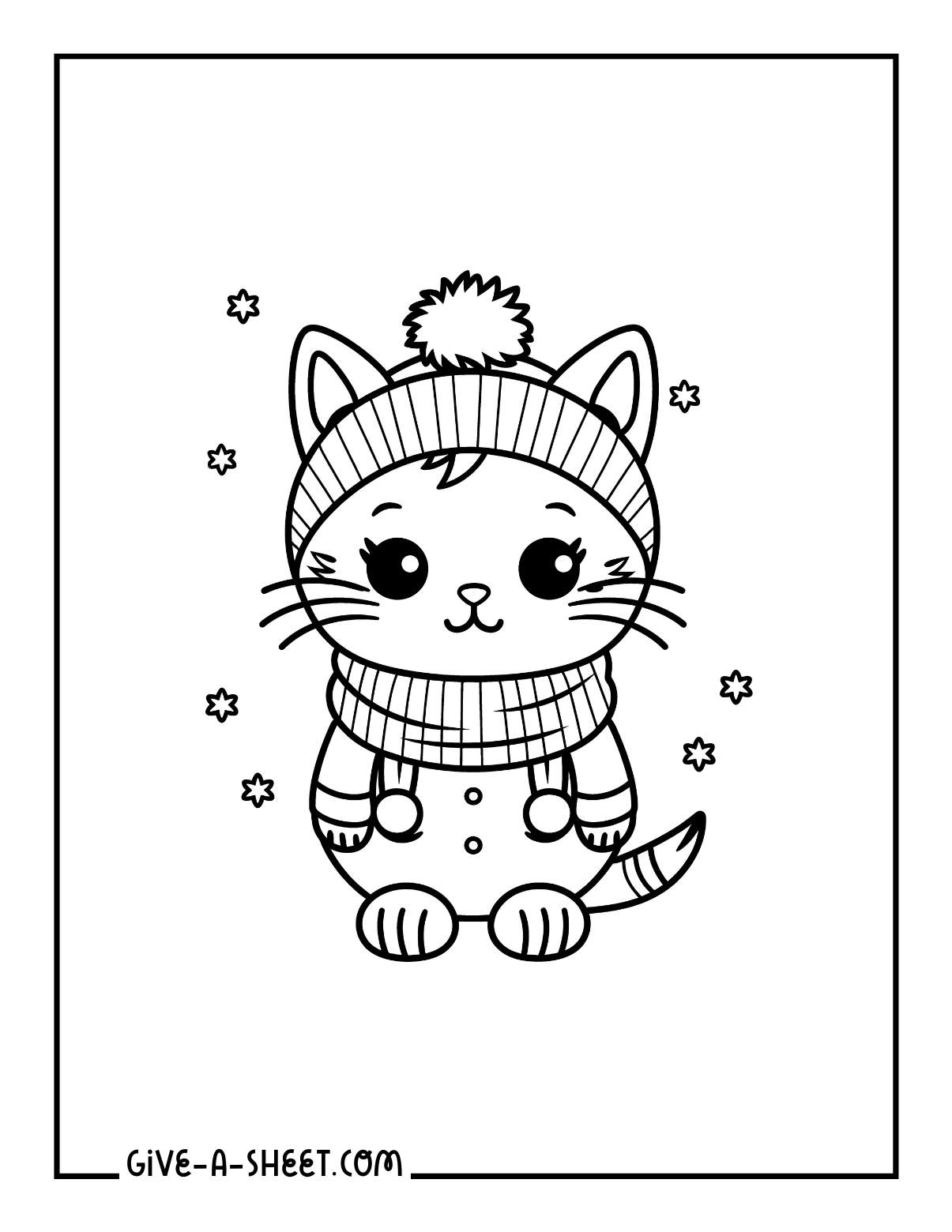 Kawaii cat wearing warm accessory for winter coloring sheets.