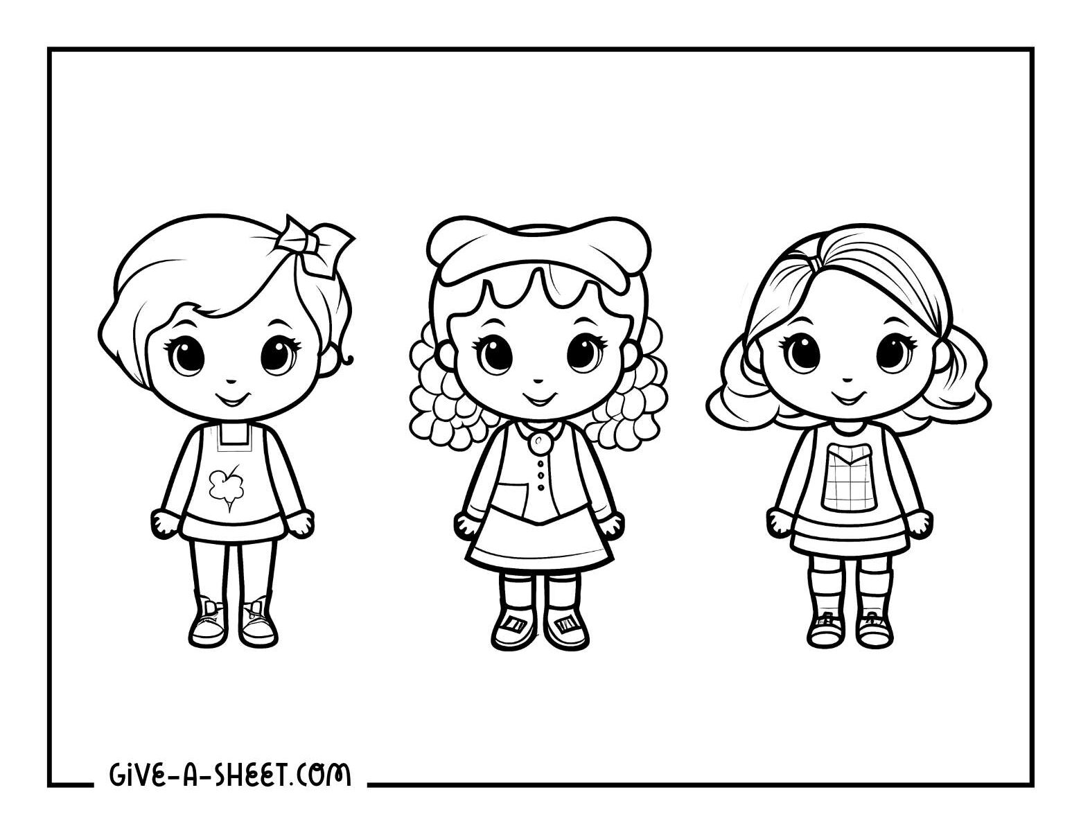 Kawaii three best friends coloring pages for kids.