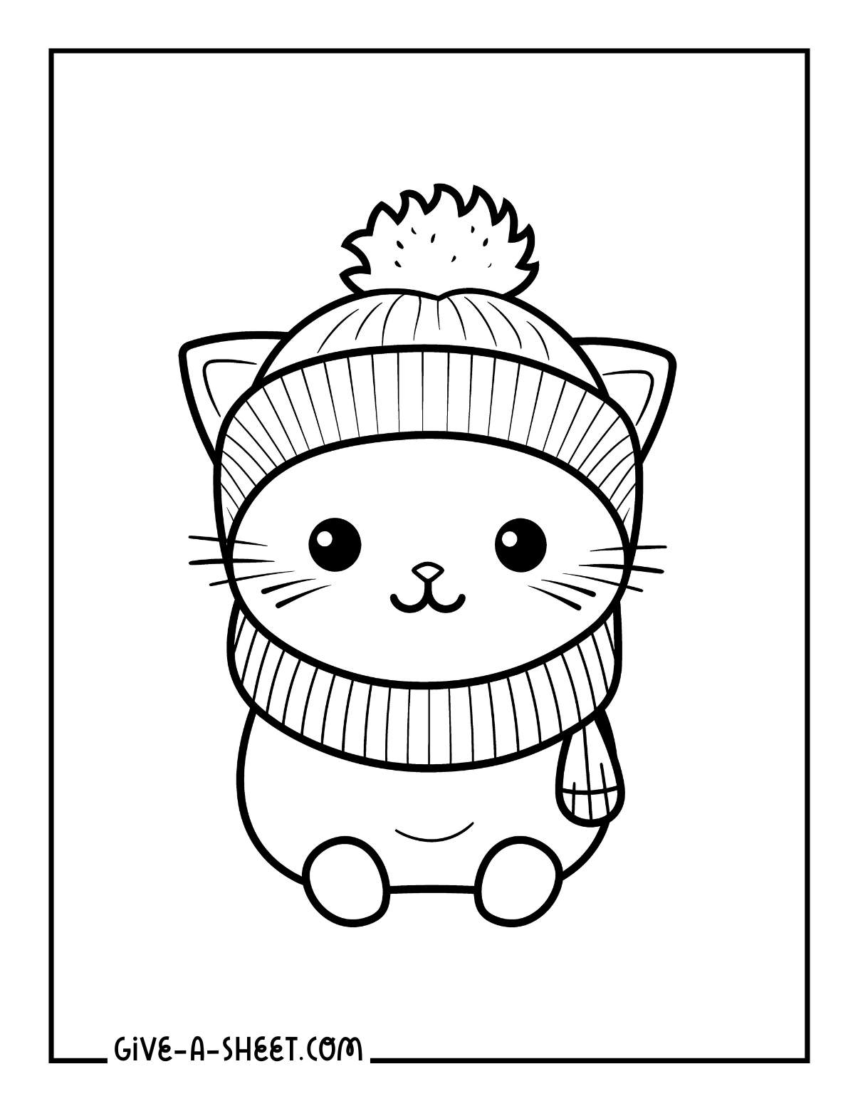Kitten wearing warm hat for winter coloring page.