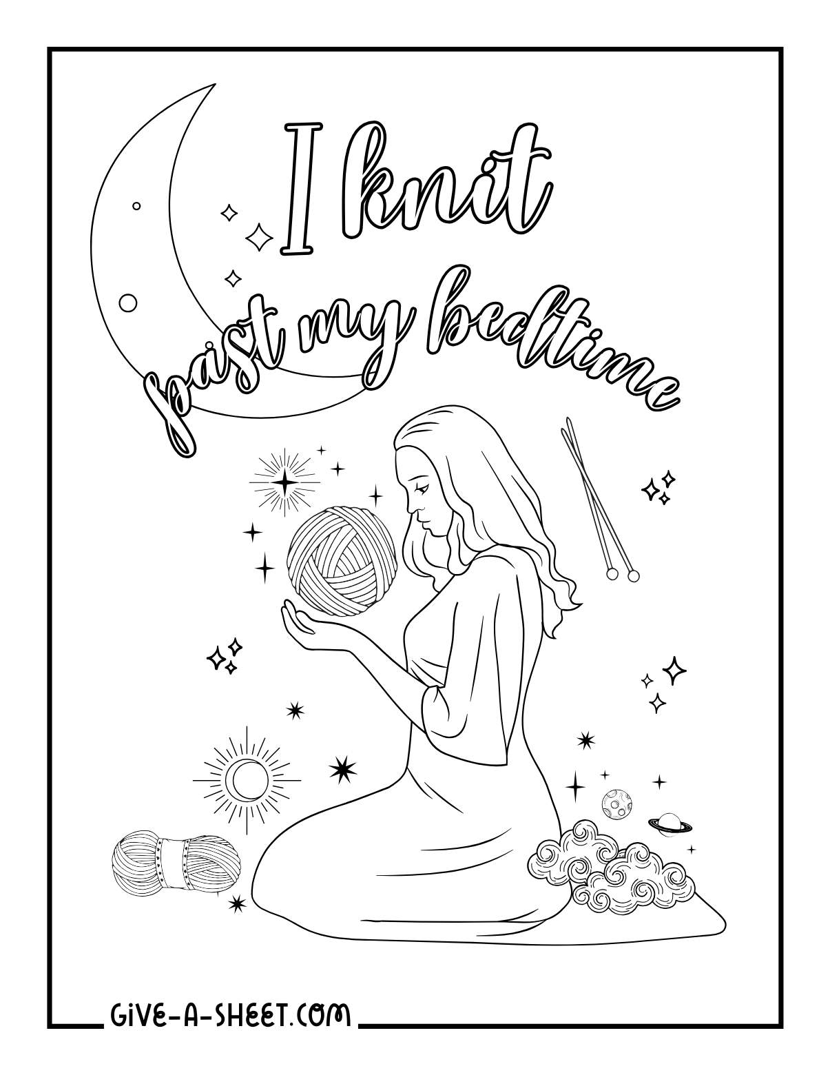 Artwork of a woman knitting coloring page for adults.