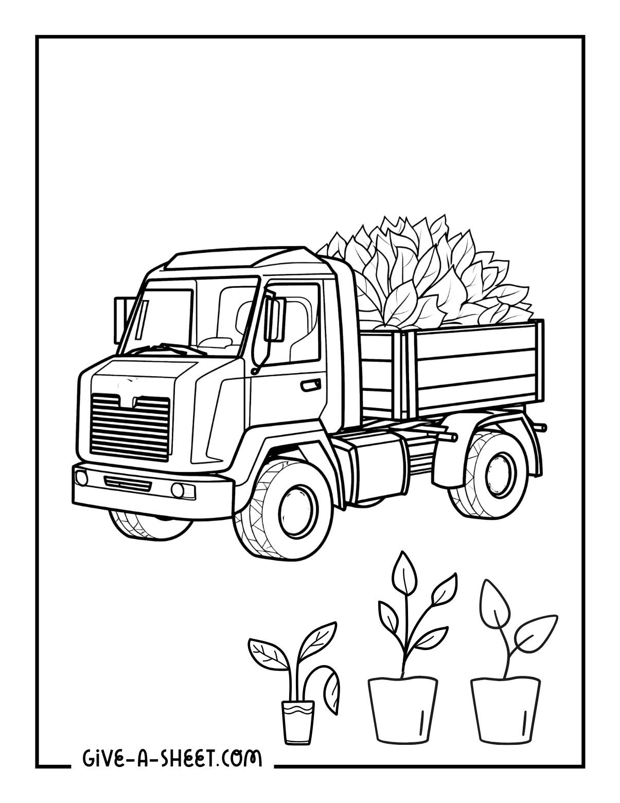 Landscaping truck coloring page with plants.