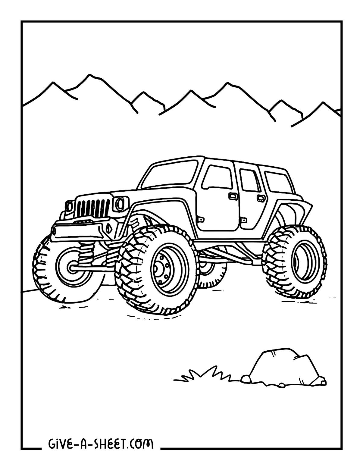 Monster truck coloring page with hug tires.
