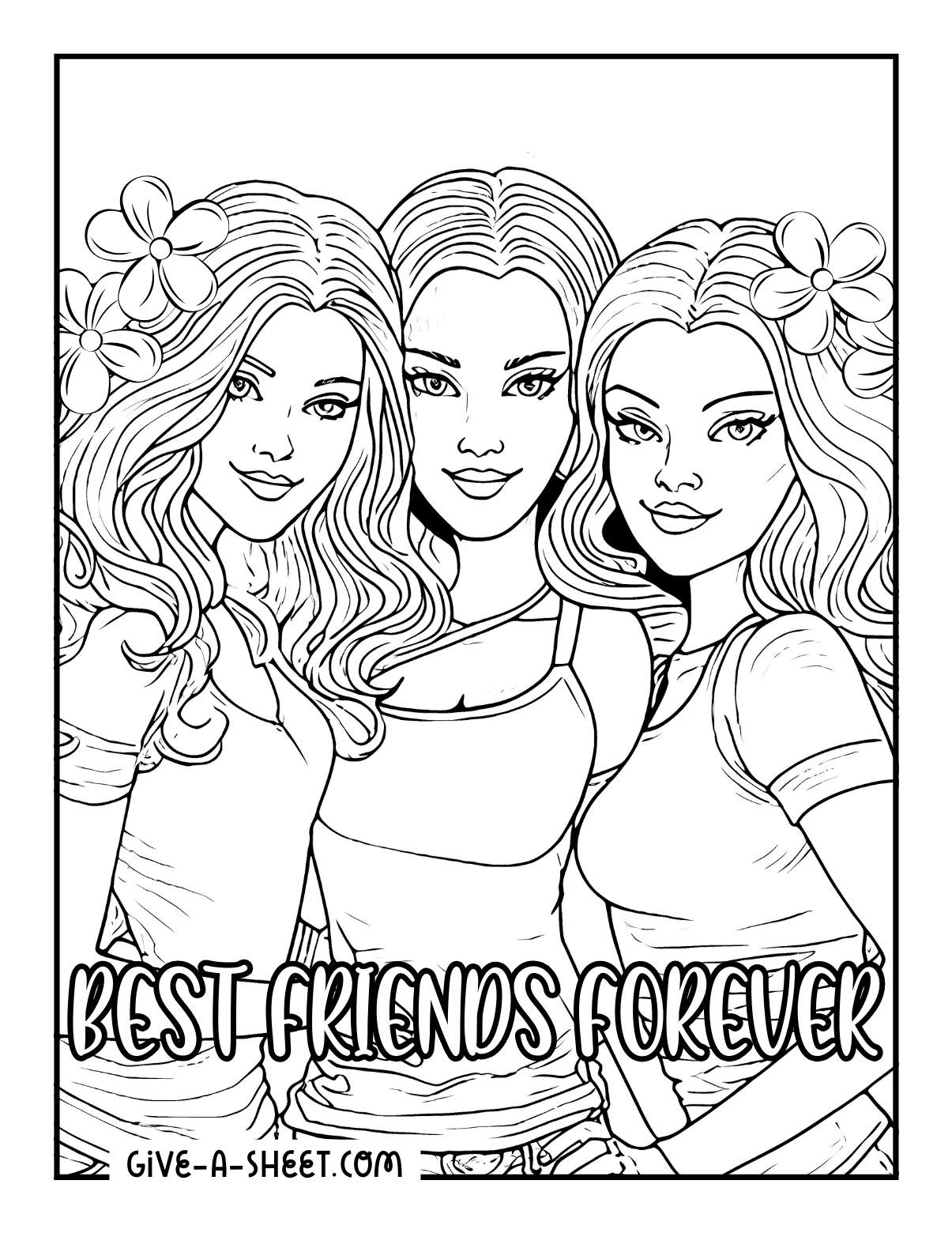 Pretty 3 bff coloring sheet for teenagers.
