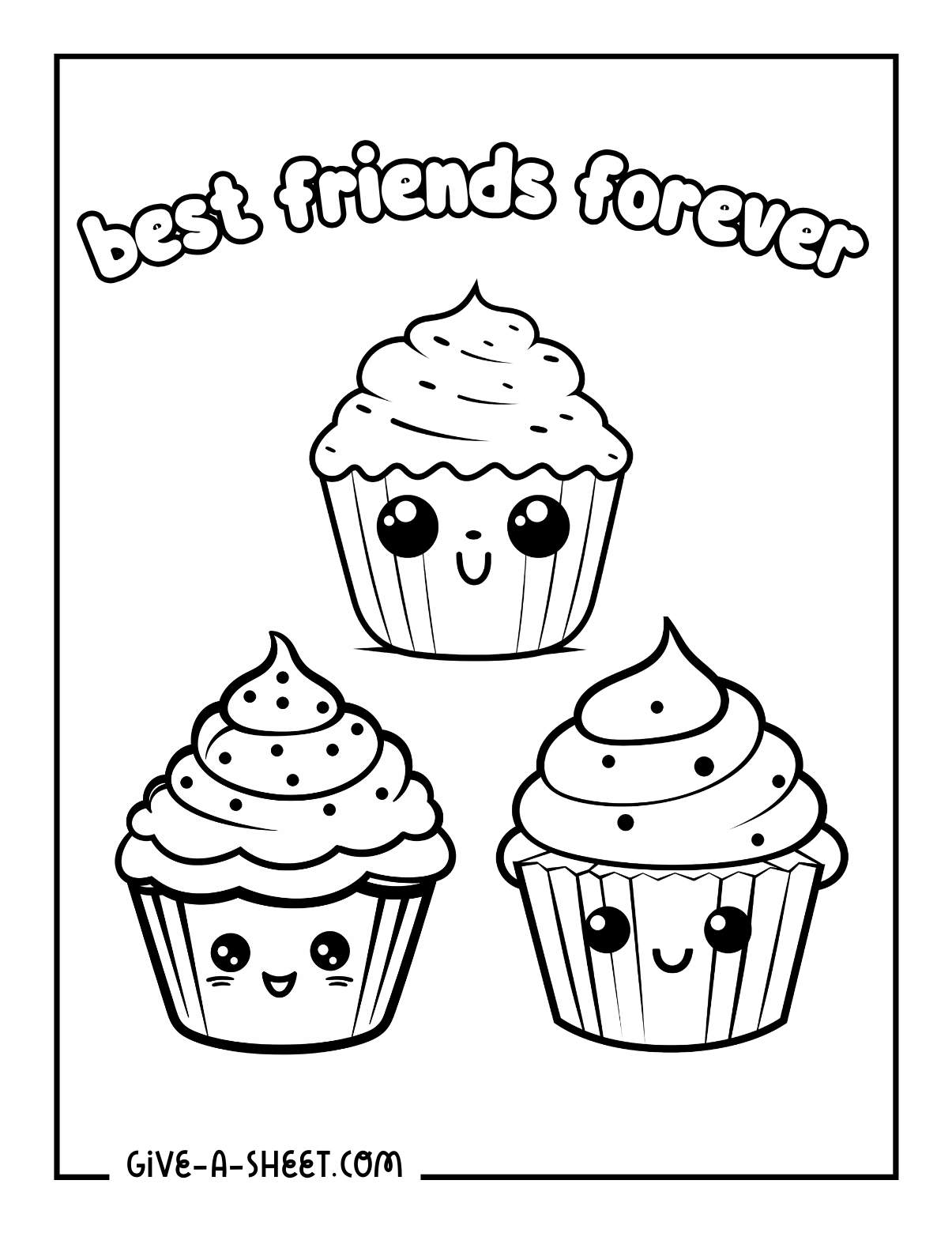 Printable three best friends coloring sheet cupcakes.