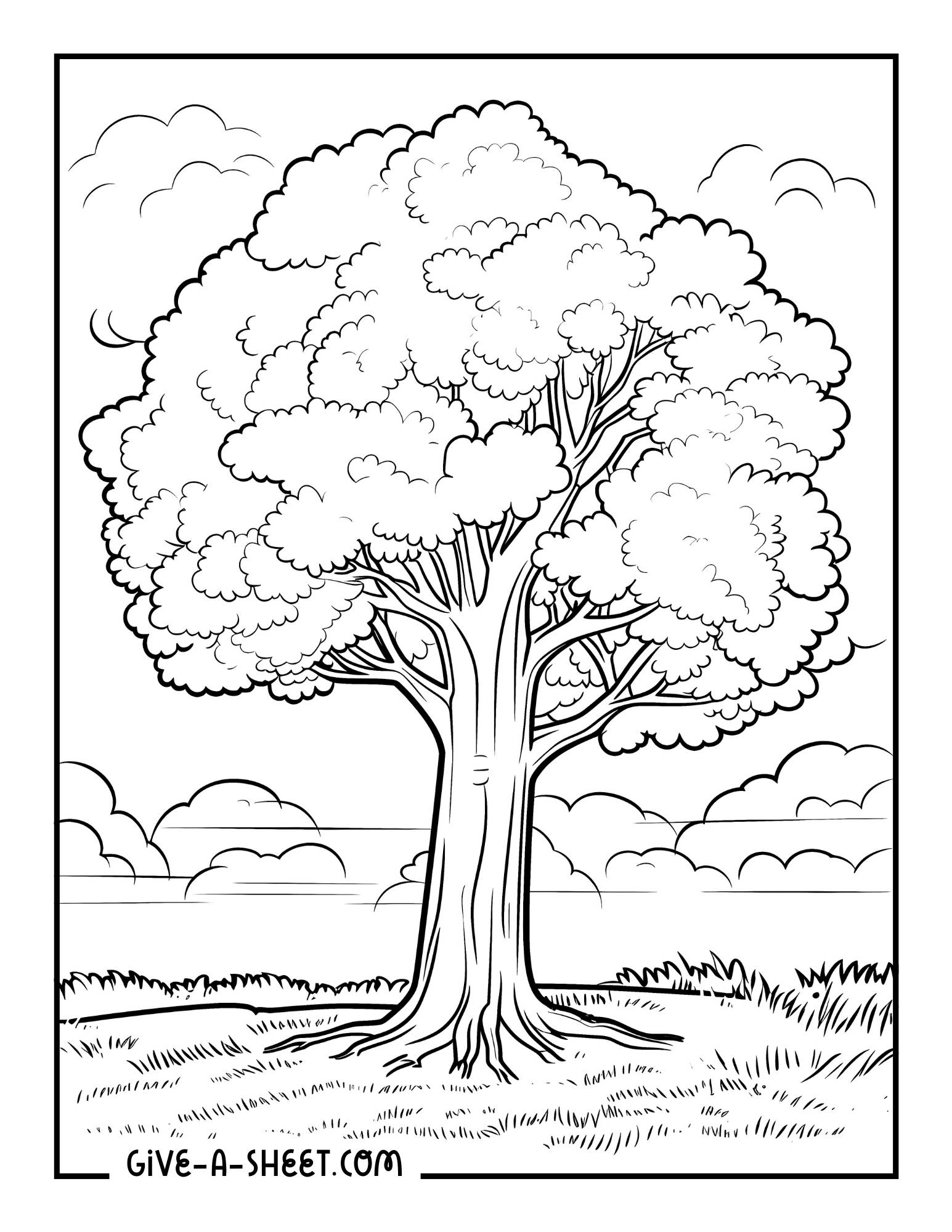 Realistic oak tree coloring page.