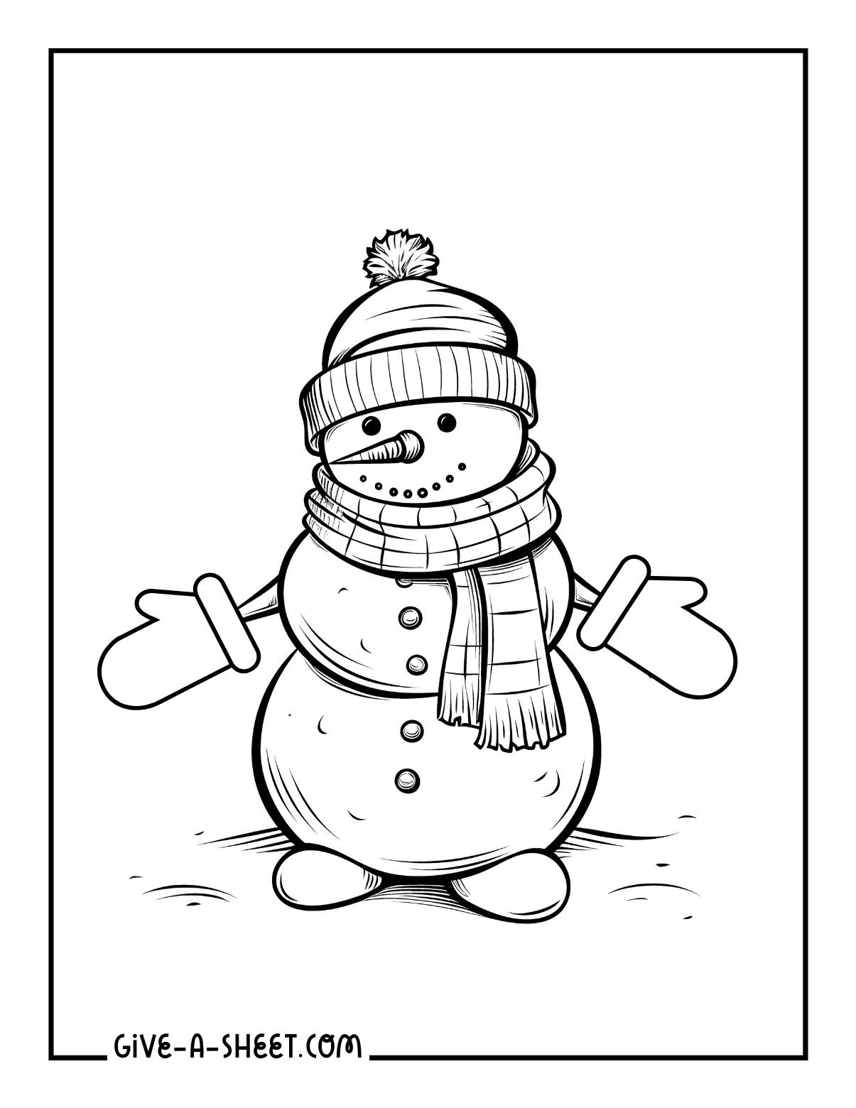 Snowman wearing winter accessory coloring page for kids.