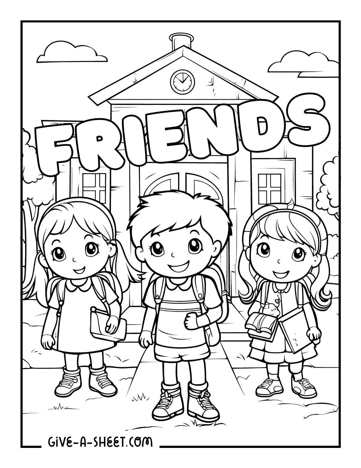 Three best friends coloring page in school.
