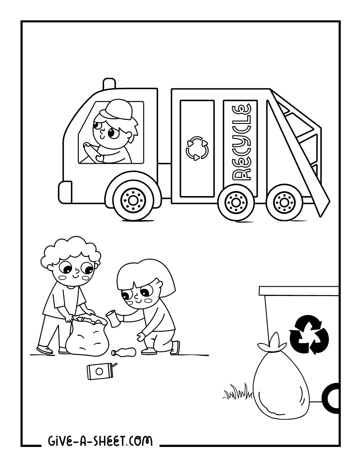 Truck coloring sheet for recycling kids.