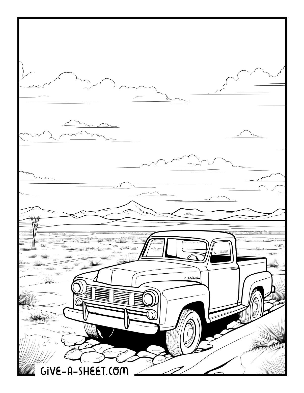 Vintage truck in the desert to color for adults.